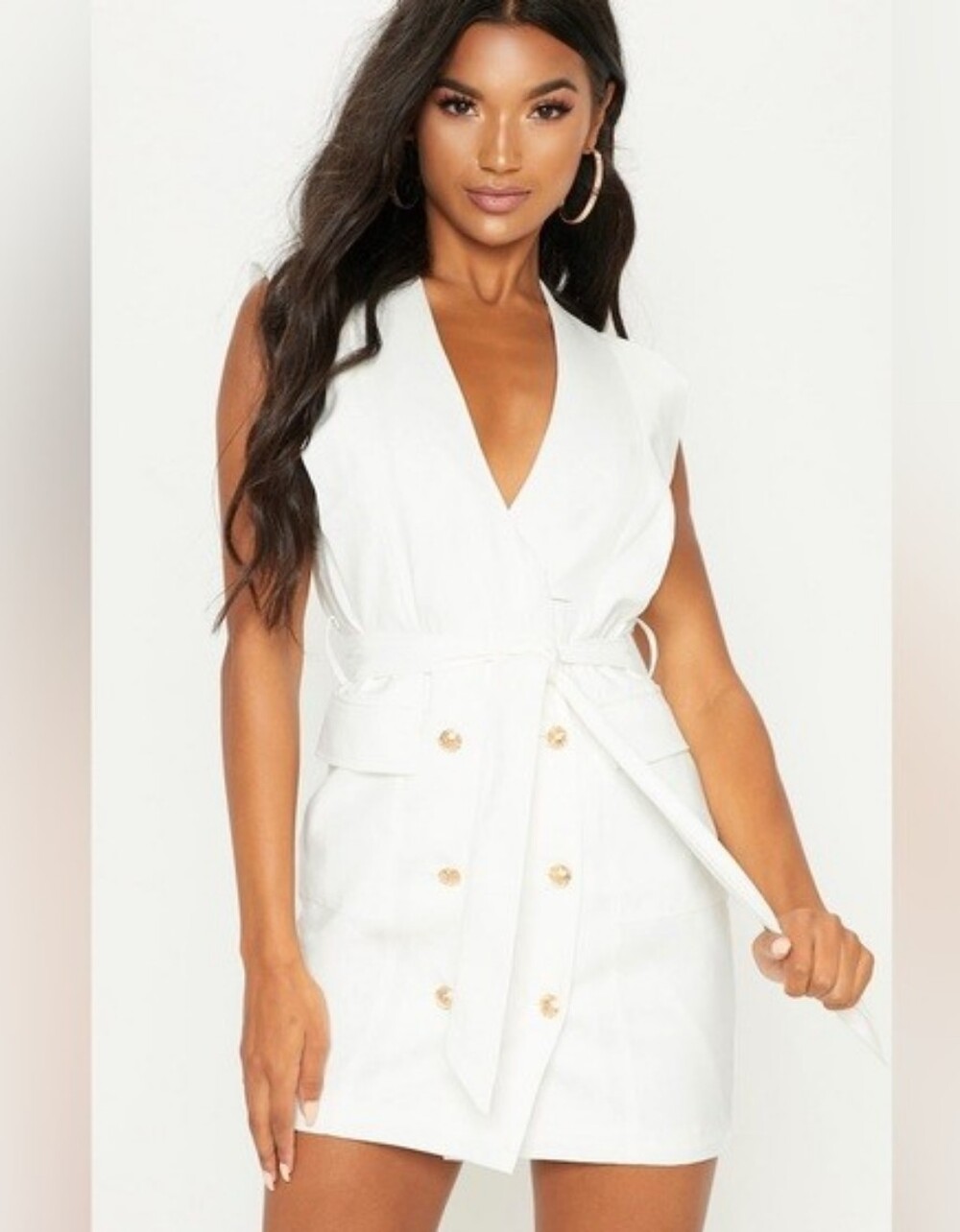 PrettyLittleThing White V-Neck Belted Mini Dress with Gold Buttons SZ 6, As Is